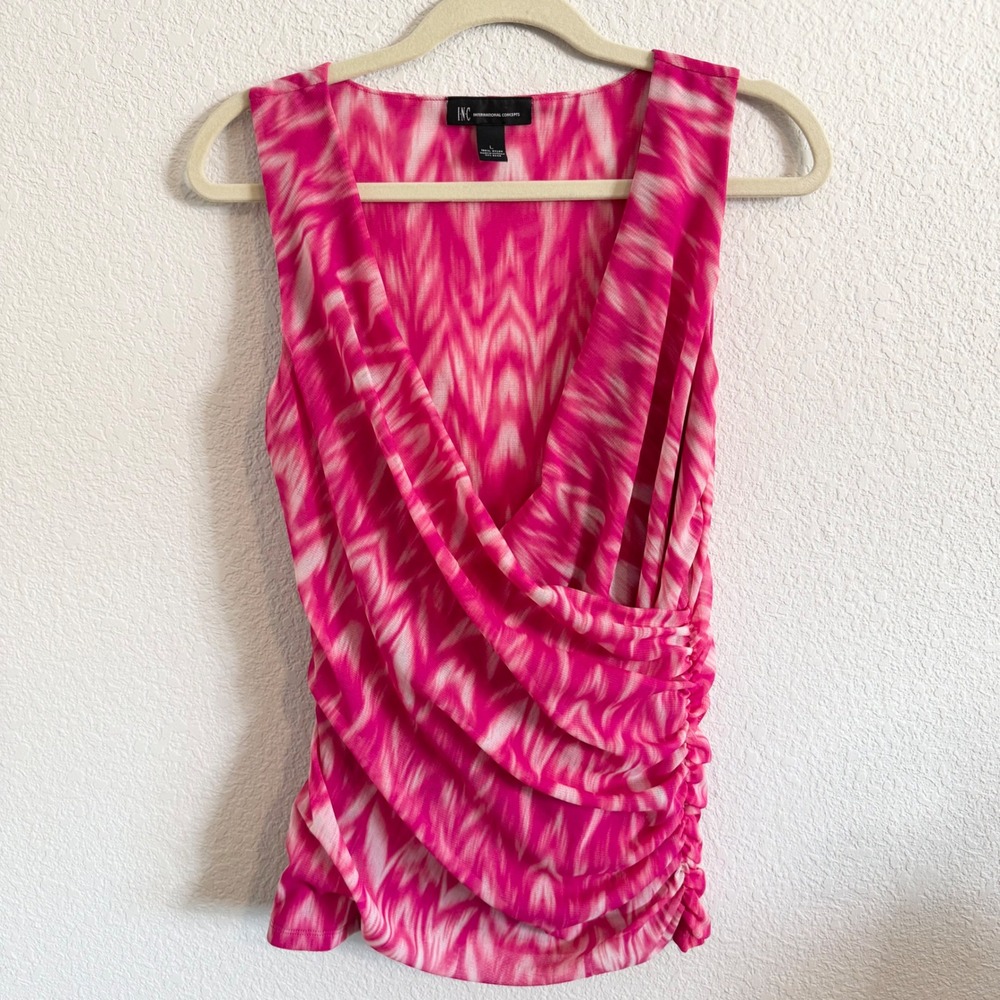 INC International Concepts Pink White Abstract Ikat Ruched V-Neck Mesh Top Large